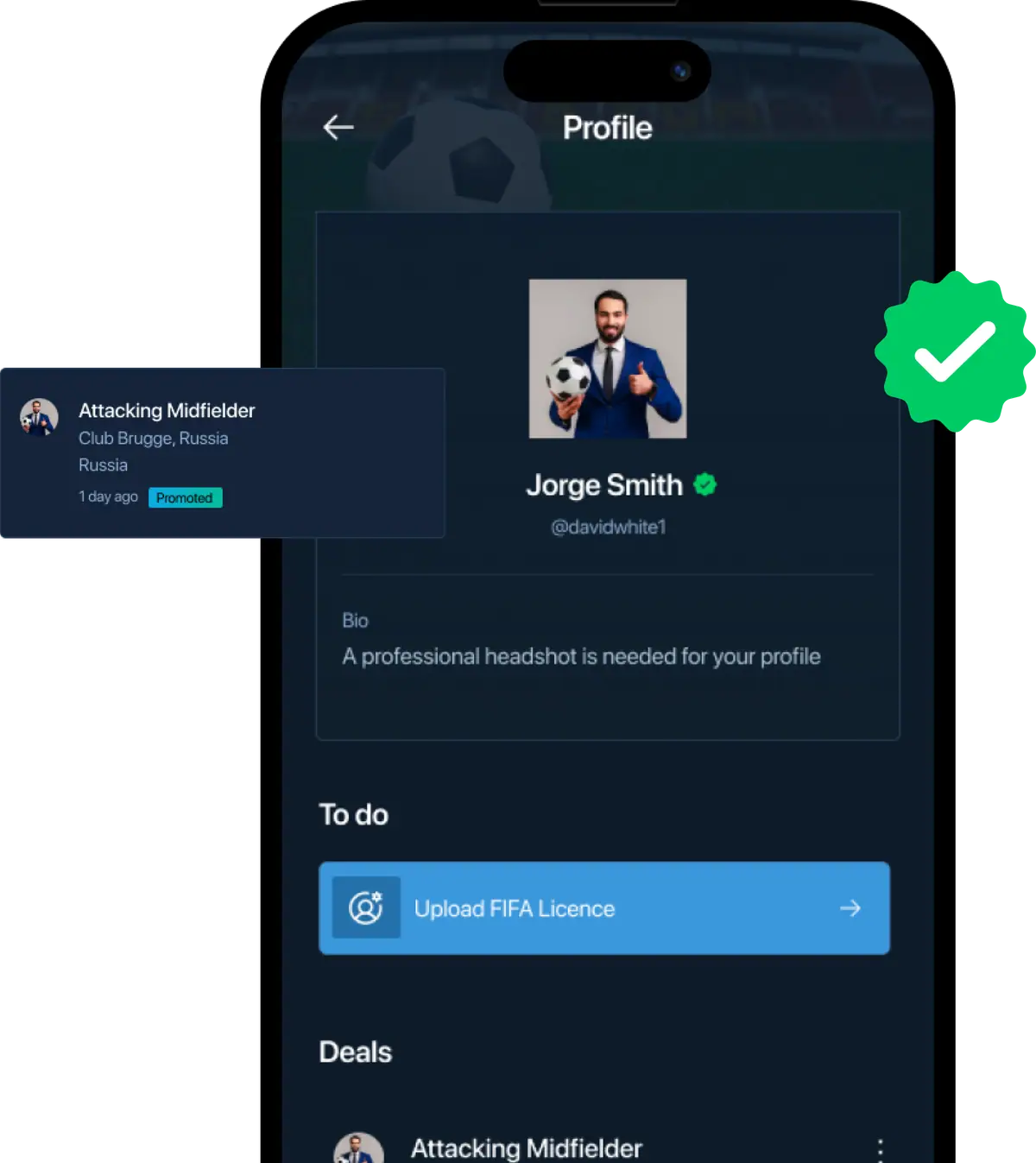 ScoutMate scout profile in the app, with a verified FIFA licence and promoted player deals